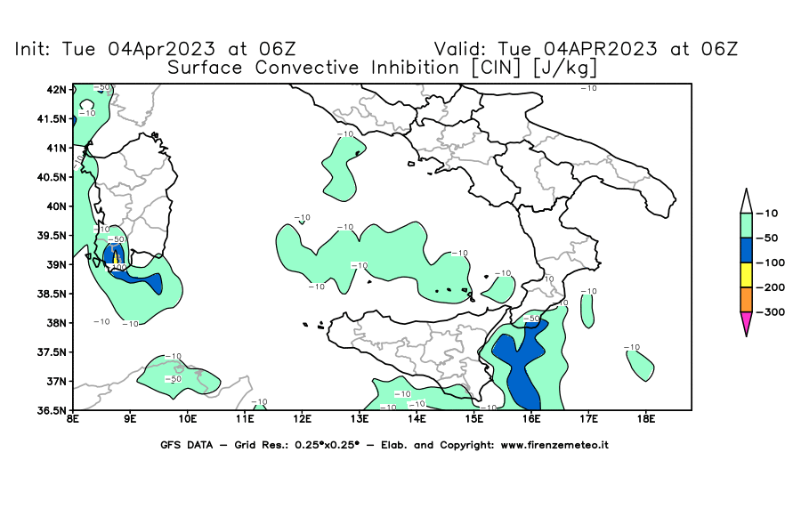 Mappa di analisi GFS - CIN [J/kg] in Sud-Italia
							del 04/04/2023 06 <!--googleoff: index-->UTC<!--googleon: index-->