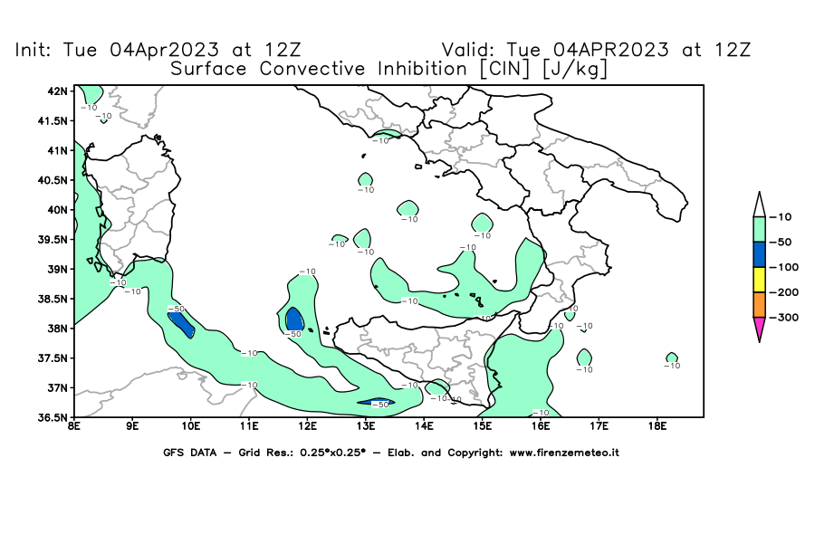 GFS analysi map - CIN [J/kg] in Southern Italy
									on 04/04/2023 12 <!--googleoff: index-->UTC<!--googleon: index-->