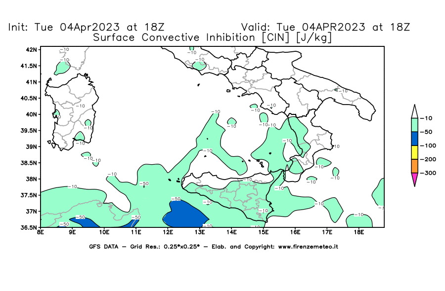 GFS analysi map - CIN [J/kg] in Southern Italy
									on 04/04/2023 18 <!--googleoff: index-->UTC<!--googleon: index-->