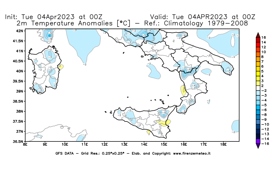 Mappa di analisi GFS - Anomalia Temperatura [°C] a 2 m in Sud-Italia
							del 04/04/2023 00 <!--googleoff: index-->UTC<!--googleon: index-->