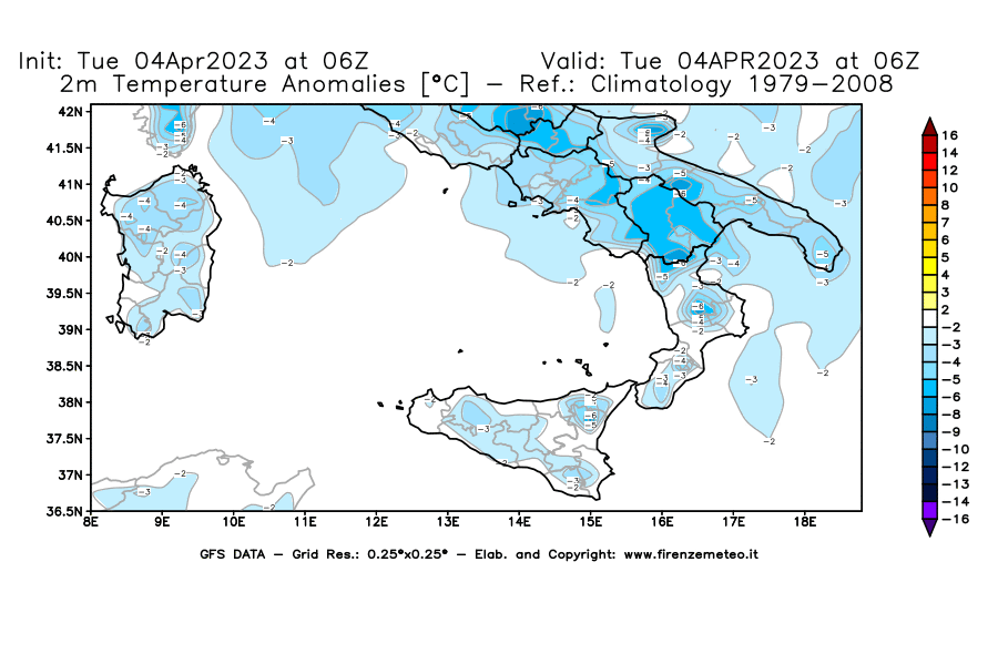 Mappa di analisi GFS - Anomalia Temperatura [°C] a 2 m in Sud-Italia
							del 04/04/2023 06 <!--googleoff: index-->UTC<!--googleon: index-->