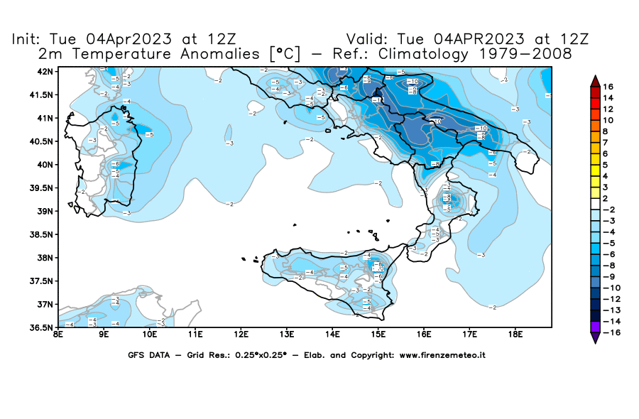 Mappa di analisi GFS - Anomalia Temperatura [°C] a 2 m in Sud-Italia
							del 04/04/2023 12 <!--googleoff: index-->UTC<!--googleon: index-->