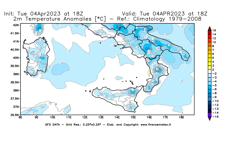 GFS analysi map - Temperature Anomalies [°C] at 2 m in Southern Italy
									on 04/04/2023 18 <!--googleoff: index-->UTC<!--googleon: index-->