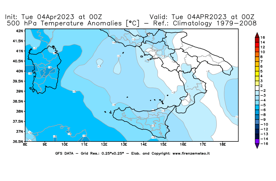 GFS analysi map - Temperature Anomalies [°C] at 500 hPa in Southern Italy
									on 04/04/2023 00 <!--googleoff: index-->UTC<!--googleon: index-->