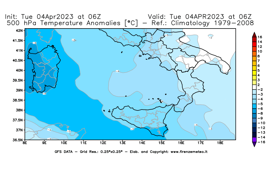 GFS analysi map - Temperature Anomalies [°C] at 500 hPa in Southern Italy
									on 04/04/2023 06 <!--googleoff: index-->UTC<!--googleon: index-->