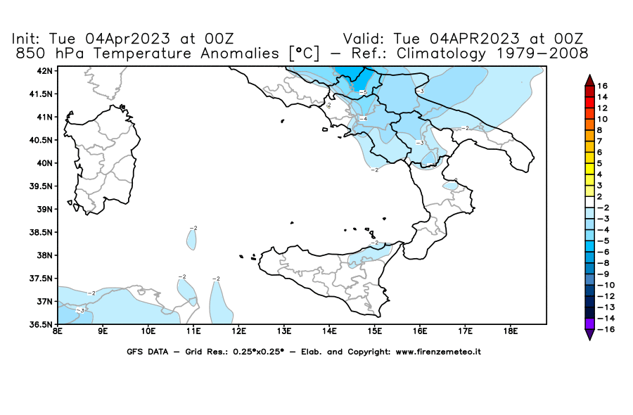 Mappa di analisi GFS - Anomalia Temperatura [°C] a 850 hPa in Sud-Italia
							del 04/04/2023 00 <!--googleoff: index-->UTC<!--googleon: index-->