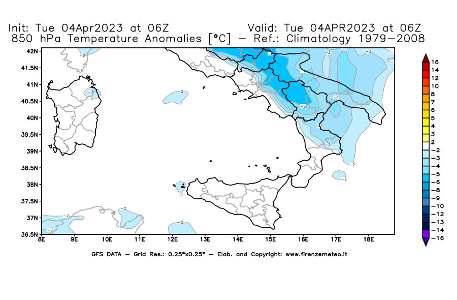 Mappa di analisi GFS - Anomalia Temperatura [°C] a 850 hPa in Sud-Italia
							del 04/04/2023 06 <!--googleoff: index-->UTC<!--googleon: index-->