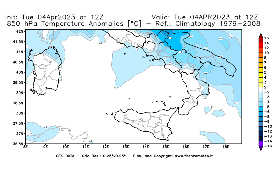 Mappa di analisi GFS - Anomalia Temperatura [°C] a 850 hPa in Sud-Italia
							del 04/04/2023 12 <!--googleoff: index-->UTC<!--googleon: index-->