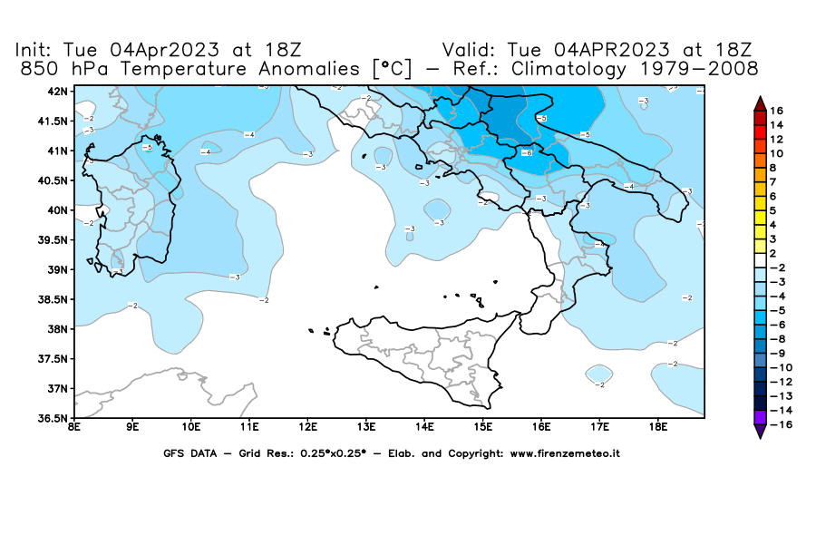 Mappa di analisi GFS - Anomalia Temperatura [°C] a 850 hPa in Sud-Italia
							del 04/04/2023 18 <!--googleoff: index-->UTC<!--googleon: index-->