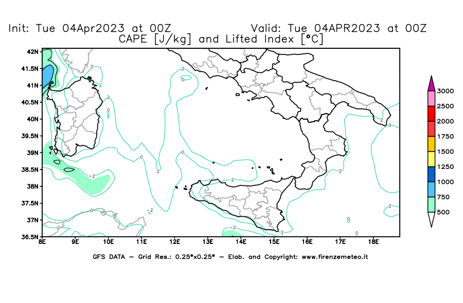 GFS analysi map - CAPE [J/kg] and Lifted Index [°C] in Southern Italy
									on 04/04/2023 00 <!--googleoff: index-->UTC<!--googleon: index-->