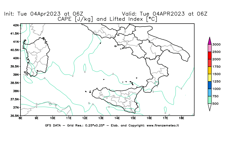 Mappa di analisi GFS - CAPE [J/kg] e Lifted Index [°C] in Sud-Italia
							del 04/04/2023 06 <!--googleoff: index-->UTC<!--googleon: index-->