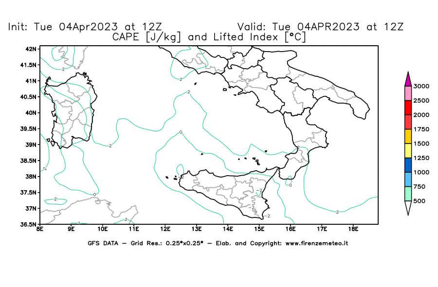 Mappa di analisi GFS - CAPE [J/kg] e Lifted Index [°C] in Sud-Italia
							del 04/04/2023 12 <!--googleoff: index-->UTC<!--googleon: index-->