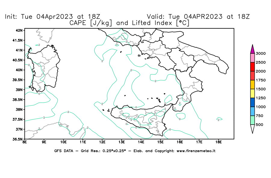 Mappa di analisi GFS - CAPE [J/kg] e Lifted Index [°C] in Sud-Italia
							del 04/04/2023 18 <!--googleoff: index-->UTC<!--googleon: index-->