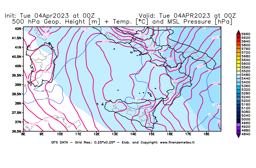 Mappa di analisi GFS - Geopotenziale [m] + Temp. [°C] a 500 hPa + Press. a livello del mare [hPa] in Sud-Italia
							del 04/04/2023 00 <!--googleoff: index-->UTC<!--googleon: index-->