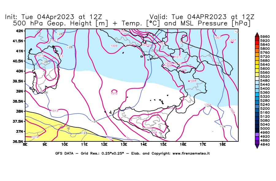 Mappa di analisi GFS - Geopotenziale [m] + Temp. [°C] a 500 hPa + Press. a livello del mare [hPa] in Sud-Italia
							del 04/04/2023 12 <!--googleoff: index-->UTC<!--googleon: index-->