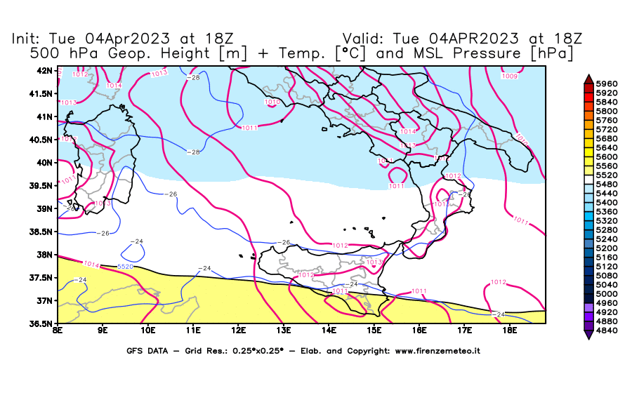 Mappa di analisi GFS - Geopotenziale [m] + Temp. [°C] a 500 hPa + Press. a livello del mare [hPa] in Sud-Italia
							del 04/04/2023 18 <!--googleoff: index-->UTC<!--googleon: index-->