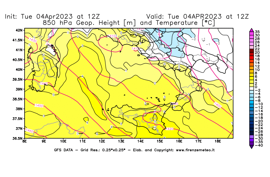 Mappa di analisi GFS - Geopotenziale [m] e Temperatura [°C] a 850 hPa in Sud-Italia
							del 04/04/2023 12 <!--googleoff: index-->UTC<!--googleon: index-->