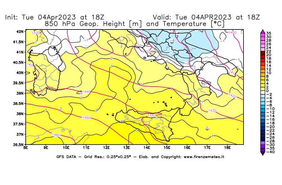 Mappa di analisi GFS - Geopotenziale [m] e Temperatura [°C] a 850 hPa in Sud-Italia
							del 04/04/2023 18 <!--googleoff: index-->UTC<!--googleon: index-->
