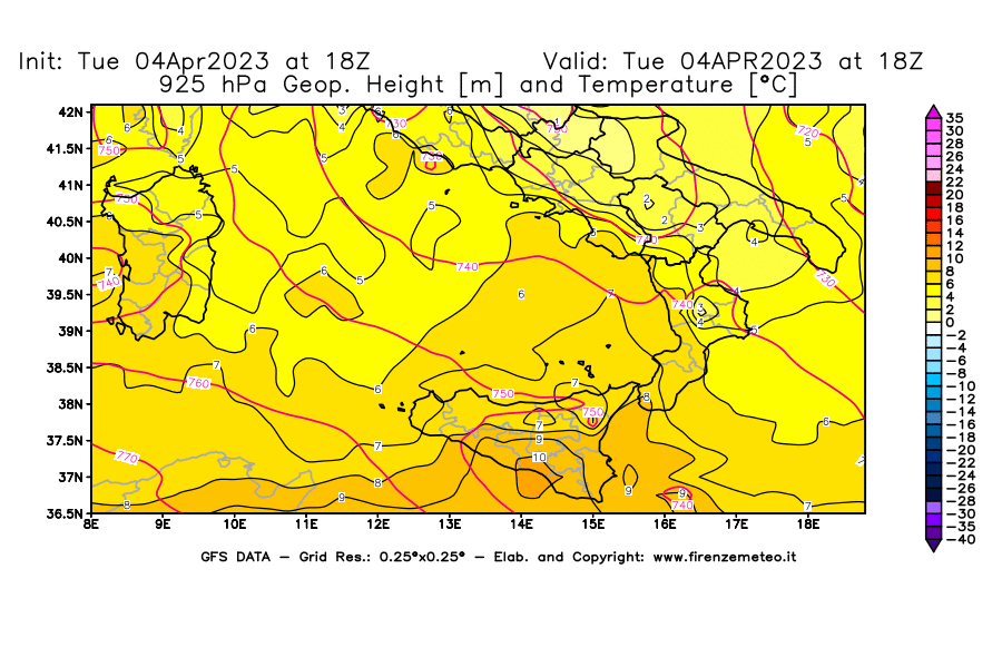 Mappa di analisi GFS - Geopotenziale [m] e Temperatura [°C] a 925 hPa in Sud-Italia
							del 04/04/2023 18 <!--googleoff: index-->UTC<!--googleon: index-->