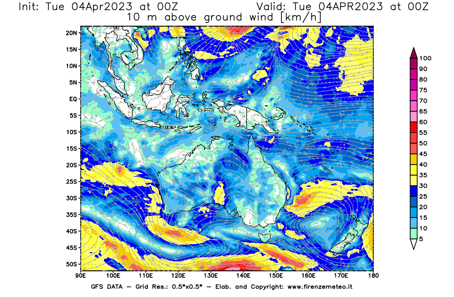 GFS analysi map - Wind Speed at 10 m above ground [km/h] in Oceania
									on 04/04/2023 00 <!--googleoff: index-->UTC<!--googleon: index-->