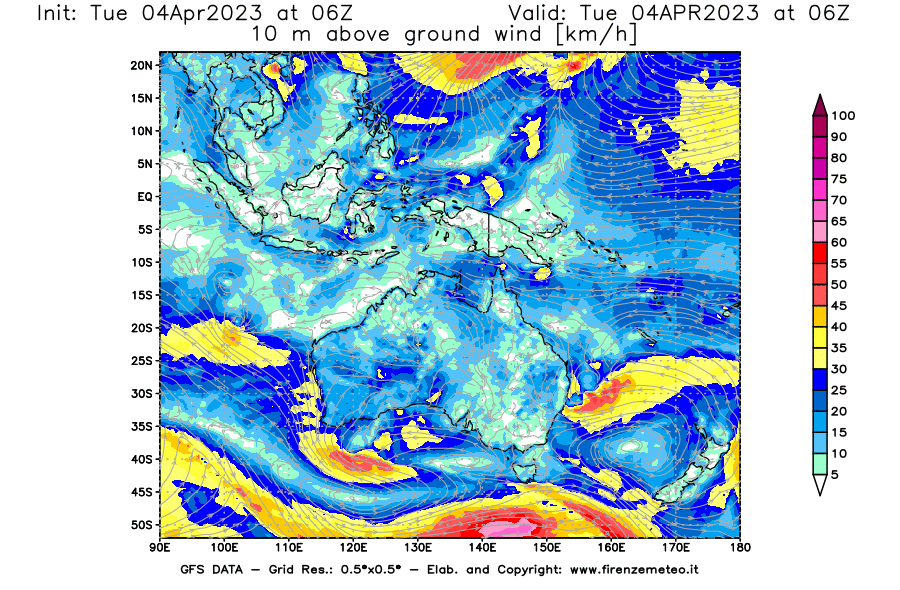 Mappa di analisi GFS - Velocità del vento a 10 metri dal suolo [km/h] in Oceania
							del 04/04/2023 06 <!--googleoff: index-->UTC<!--googleon: index-->