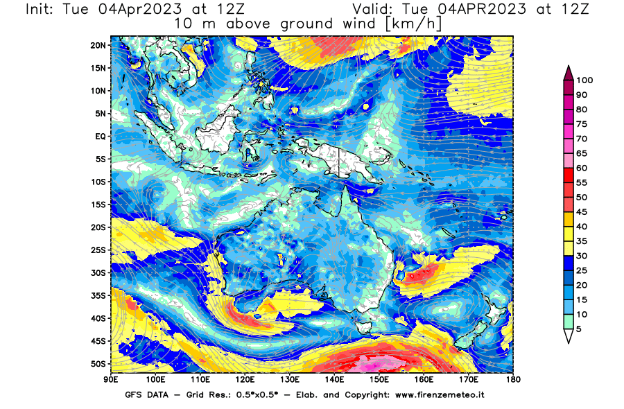 Mappa di analisi GFS - Velocità del vento a 10 metri dal suolo [km/h] in Oceania
							del 04/04/2023 12 <!--googleoff: index-->UTC<!--googleon: index-->