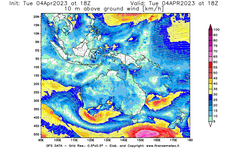 GFS analysi map - Wind Speed at 10 m above ground [km/h] in Oceania
									on 04/04/2023 18 <!--googleoff: index-->UTC<!--googleon: index-->