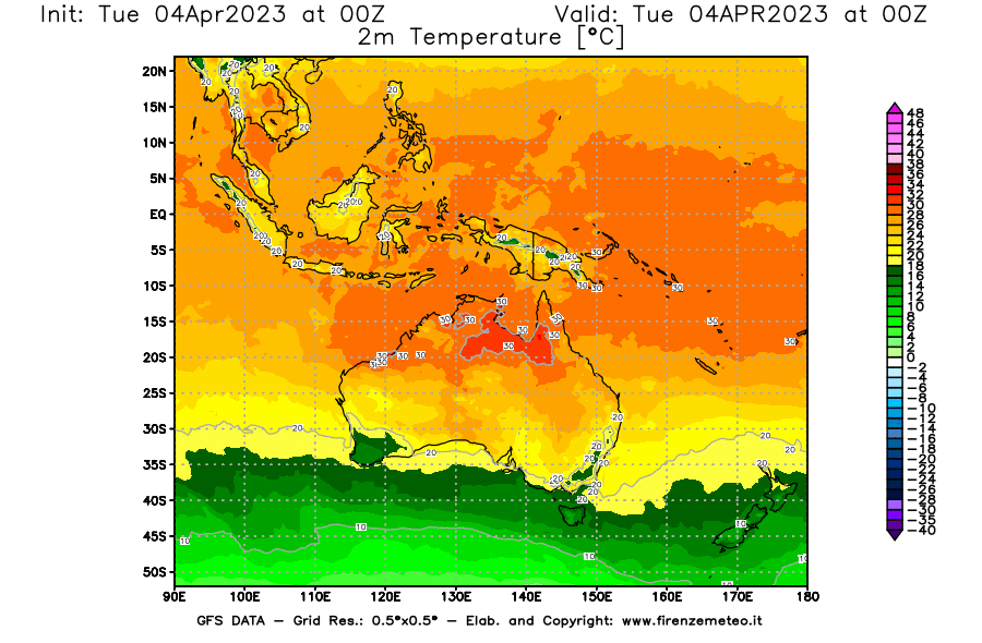 Mappa di analisi GFS - Temperatura a 2 metri dal suolo [°C] in Oceania
							del 04/04/2023 00 <!--googleoff: index-->UTC<!--googleon: index-->