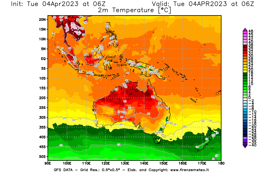 Mappa di analisi GFS - Temperatura a 2 metri dal suolo [°C] in Oceania
							del 04/04/2023 06 <!--googleoff: index-->UTC<!--googleon: index-->