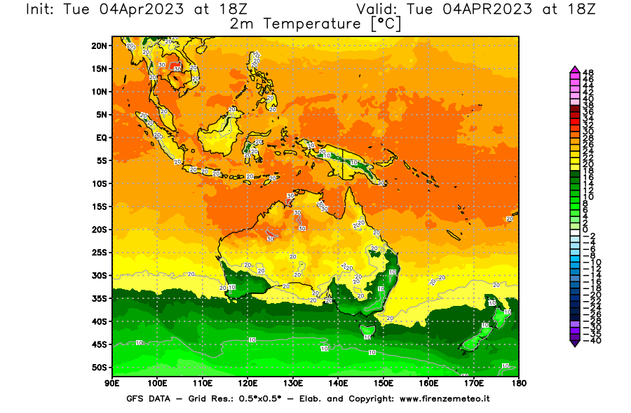 GFS analysi map - Temperature at 2 m above ground [°C] in Oceania
									on 04/04/2023 18 <!--googleoff: index-->UTC<!--googleon: index-->