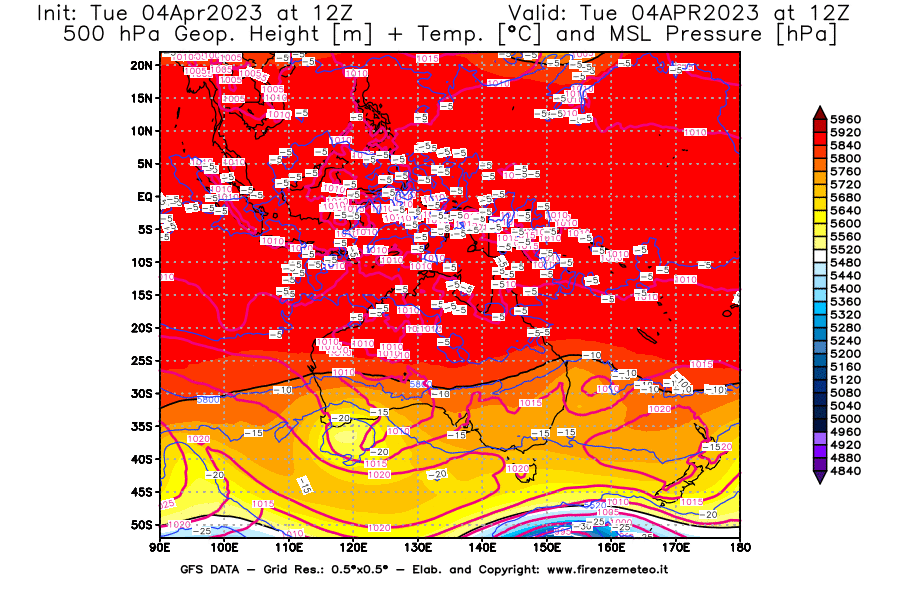 Mappa di analisi GFS - Geopotenziale [m] + Temp. [°C] a 500 hPa + Press. a livello del mare [hPa] in Oceania
							del 04/04/2023 12 <!--googleoff: index-->UTC<!--googleon: index-->