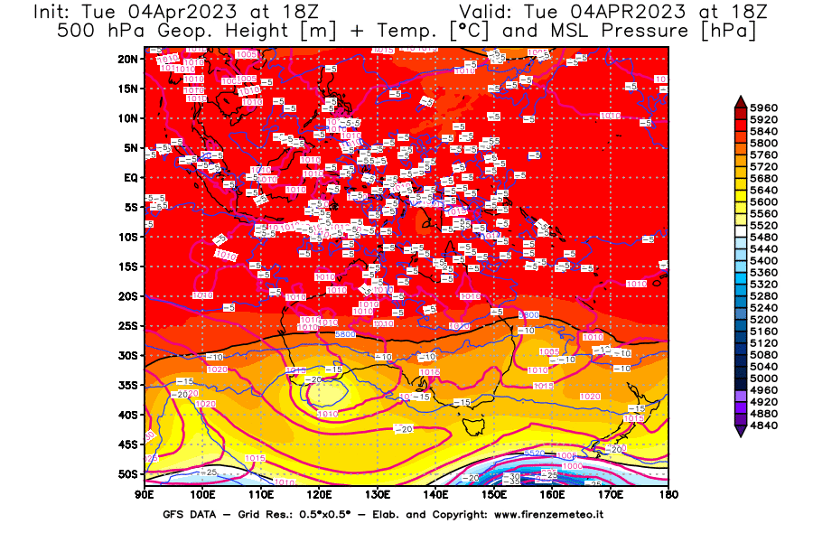 Mappa di analisi GFS - Geopotenziale [m] + Temp. [°C] a 500 hPa + Press. a livello del mare [hPa] in Oceania
							del 04/04/2023 18 <!--googleoff: index-->UTC<!--googleon: index-->