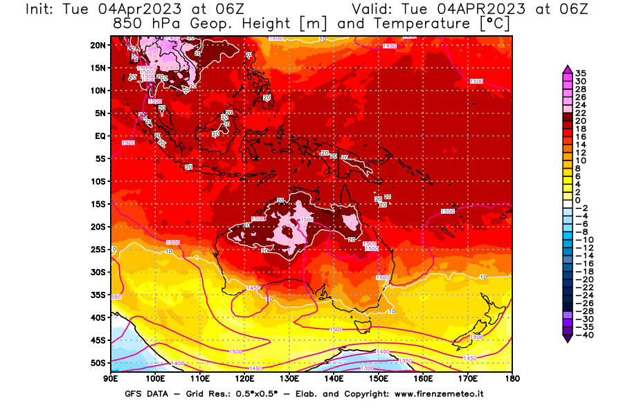 Mappa di analisi GFS - Geopotenziale [m] e Temperatura [°C] a 850 hPa in Oceania
							del 04/04/2023 06 <!--googleoff: index-->UTC<!--googleon: index-->