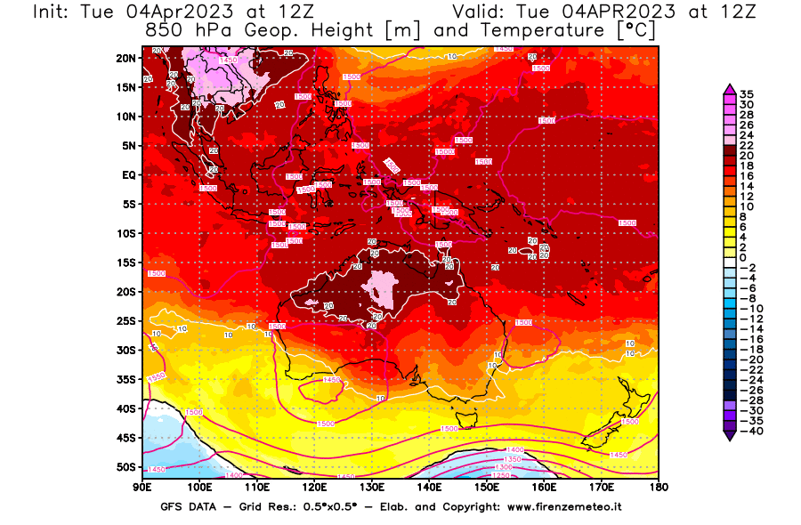 Mappa di analisi GFS - Geopotenziale [m] e Temperatura [°C] a 850 hPa in Oceania
							del 04/04/2023 12 <!--googleoff: index-->UTC<!--googleon: index-->