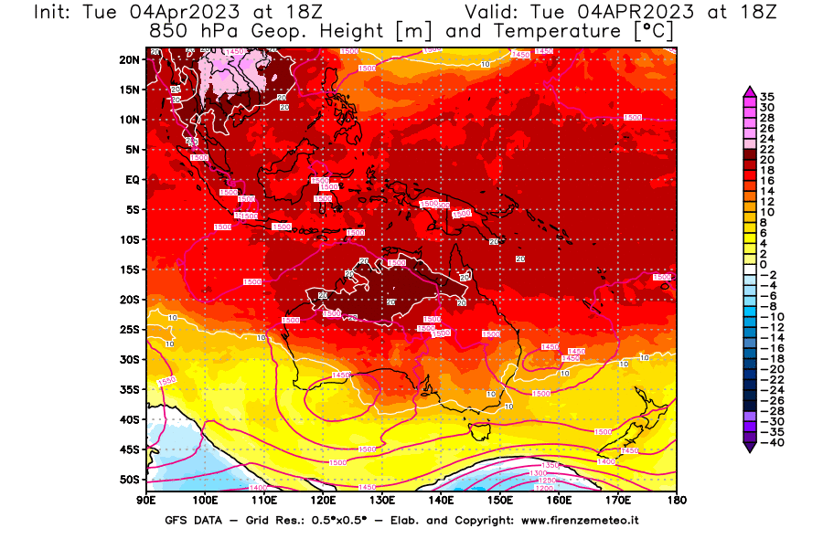 GFS analysi map - Geopotential [m] and Temperature [°C] at 850 hPa in Oceania
									on 04/04/2023 18 <!--googleoff: index-->UTC<!--googleon: index-->