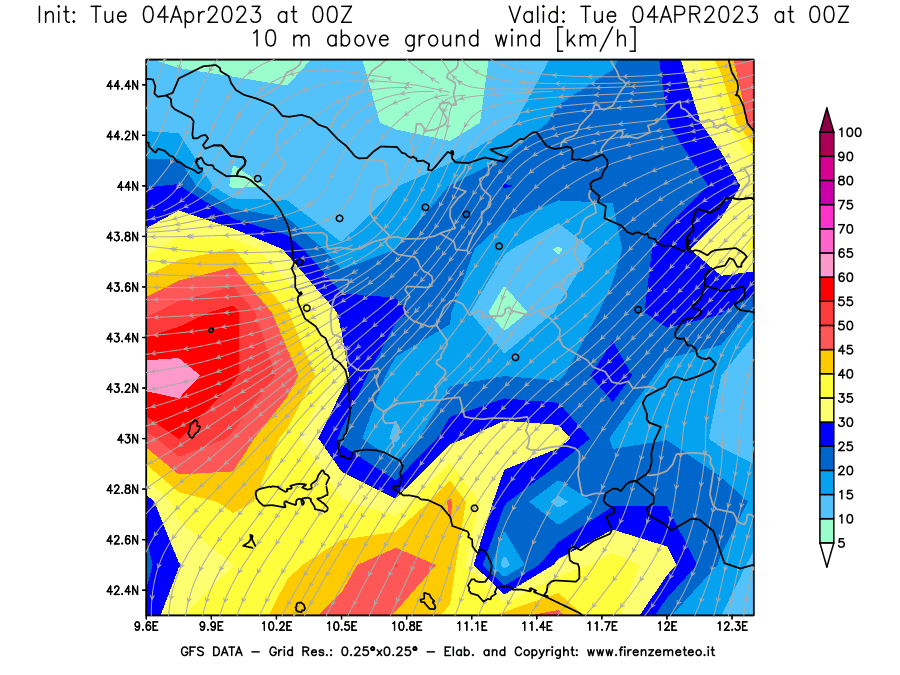 GFS analysi map - Wind Speed at 10 m above ground [km/h] in Tuscany
									on 04/04/2023 00 <!--googleoff: index-->UTC<!--googleon: index-->