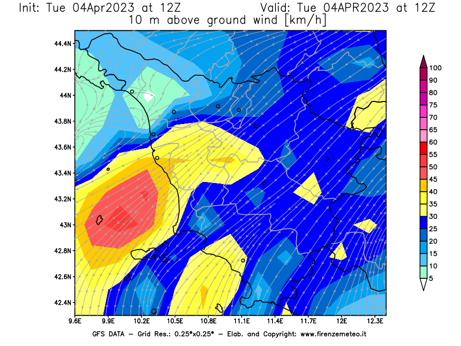 GFS analysi map - Wind Speed at 10 m above ground [km/h] in Tuscany
									on 04/04/2023 12 <!--googleoff: index-->UTC<!--googleon: index-->