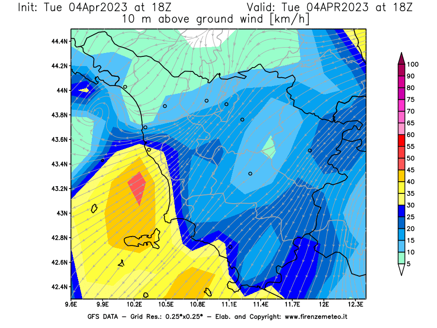 Mappa di analisi GFS - Velocità del vento a 10 metri dal suolo [km/h] in Toscana
							del 04/04/2023 18 <!--googleoff: index-->UTC<!--googleon: index-->