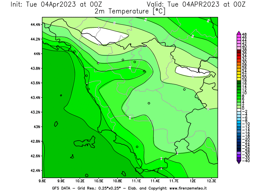 GFS analysi map - Temperature at 2 m above ground [°C] in Tuscany
									on 04/04/2023 00 <!--googleoff: index-->UTC<!--googleon: index-->
