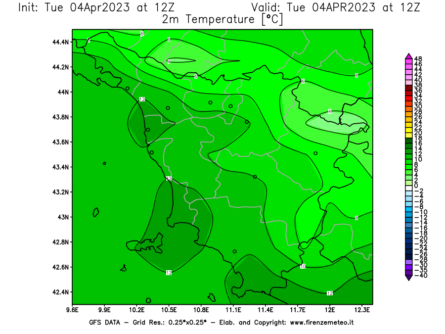 Mappa di analisi GFS - Temperatura a 2 metri dal suolo [°C] in Toscana
							del 04/04/2023 12 <!--googleoff: index-->UTC<!--googleon: index-->