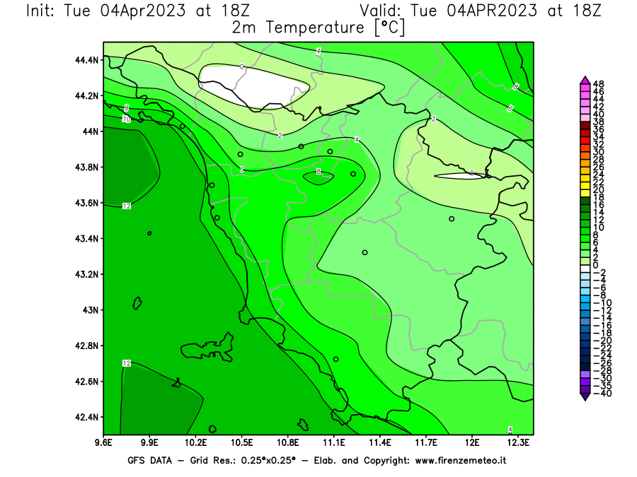 GFS analysi map - Temperature at 2 m above ground [°C] in Tuscany
									on 04/04/2023 18 <!--googleoff: index-->UTC<!--googleon: index-->