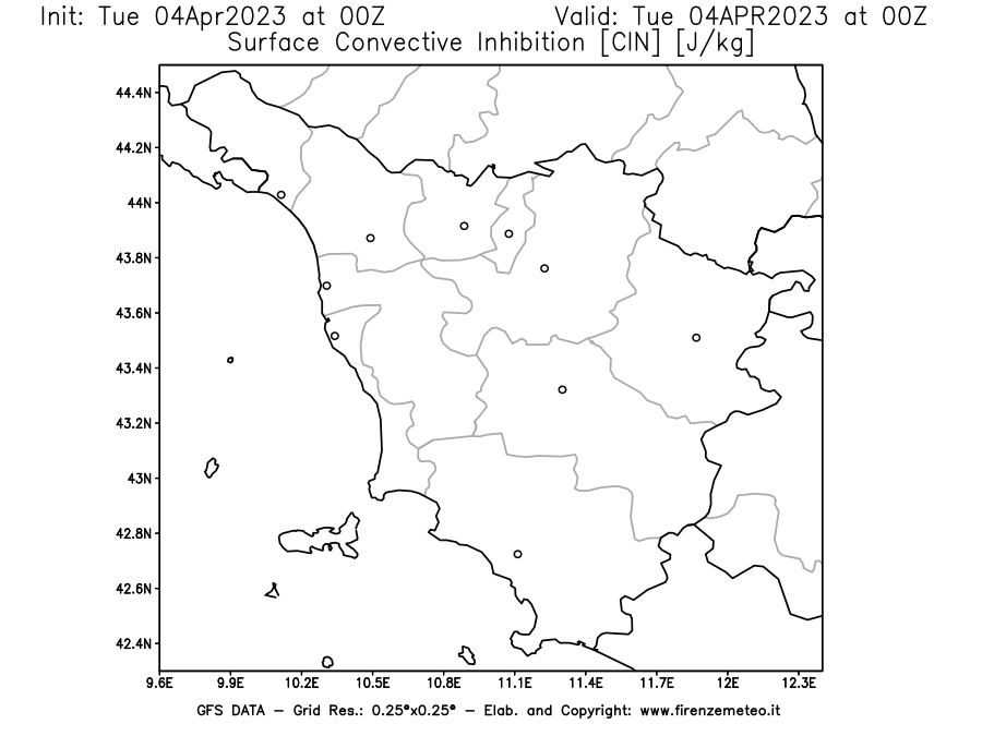GFS analysi map - CIN [J/kg] in Tuscany
									on 04/04/2023 00 <!--googleoff: index-->UTC<!--googleon: index-->
