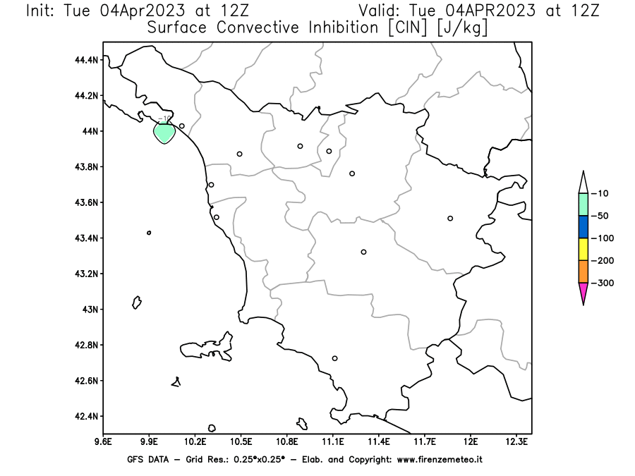 Mappa di analisi GFS - CIN [J/kg] in Toscana
							del 04/04/2023 12 <!--googleoff: index-->UTC<!--googleon: index-->