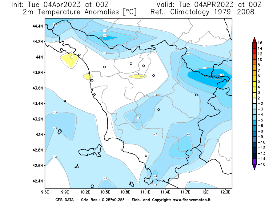 GFS analysi map - Temperature Anomalies [°C] at 2 m in Tuscany
									on 04/04/2023 00 <!--googleoff: index-->UTC<!--googleon: index-->