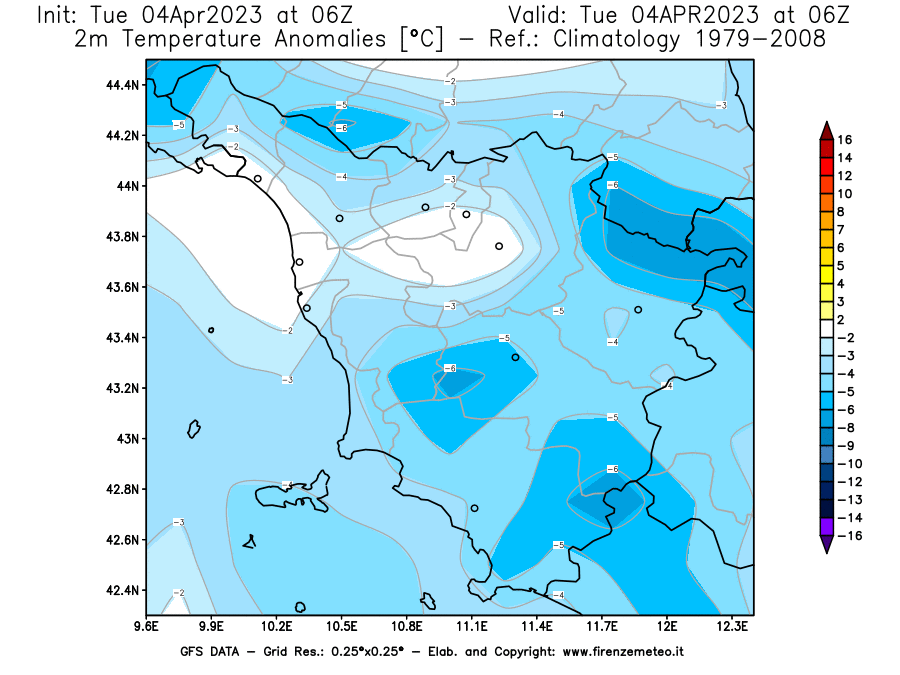 Mappa di analisi GFS - Anomalia Temperatura [°C] a 2 m in Toscana
							del 04/04/2023 06 <!--googleoff: index-->UTC<!--googleon: index-->