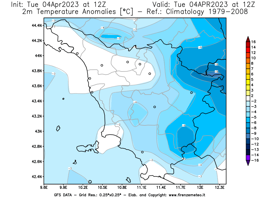 Mappa di analisi GFS - Anomalia Temperatura [°C] a 2 m in Toscana
							del 04/04/2023 12 <!--googleoff: index-->UTC<!--googleon: index-->