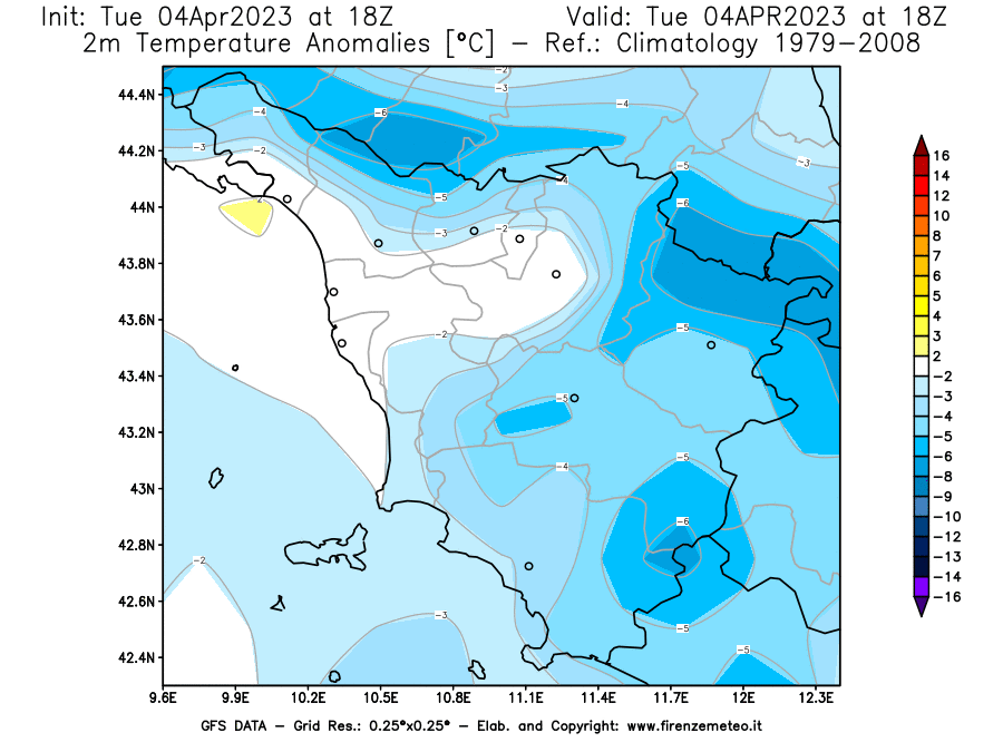 GFS analysi map - Temperature Anomalies [°C] at 2 m in Tuscany
									on 04/04/2023 18 <!--googleoff: index-->UTC<!--googleon: index-->