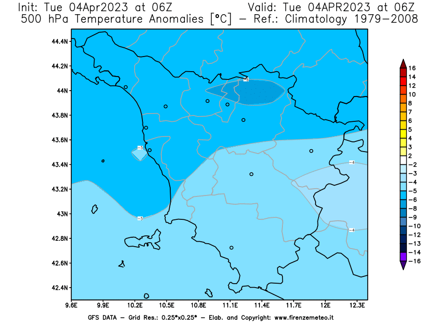 GFS analysi map - Temperature Anomalies [°C] at 500 hPa in Tuscany
									on 04/04/2023 06 <!--googleoff: index-->UTC<!--googleon: index-->