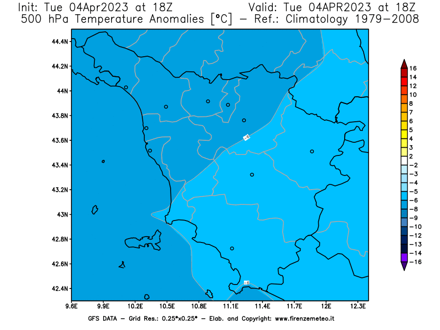 Mappa di analisi GFS - Anomalia Temperatura [°C] a 500 hPa in Toscana
							del 04/04/2023 18 <!--googleoff: index-->UTC<!--googleon: index-->