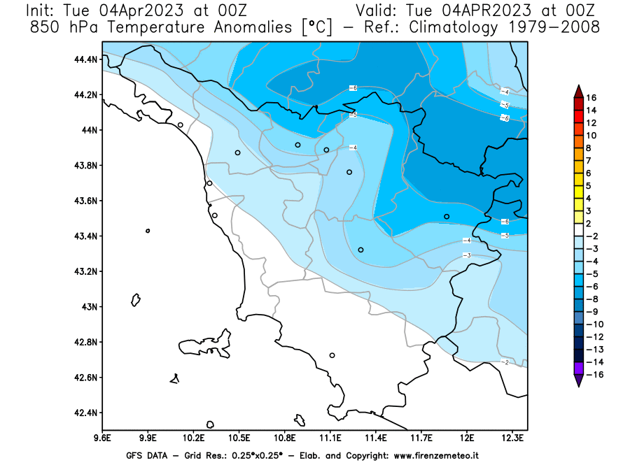 GFS analysi map - Temperature Anomalies [°C] at 850 hPa in Tuscany
									on 04/04/2023 00 <!--googleoff: index-->UTC<!--googleon: index-->